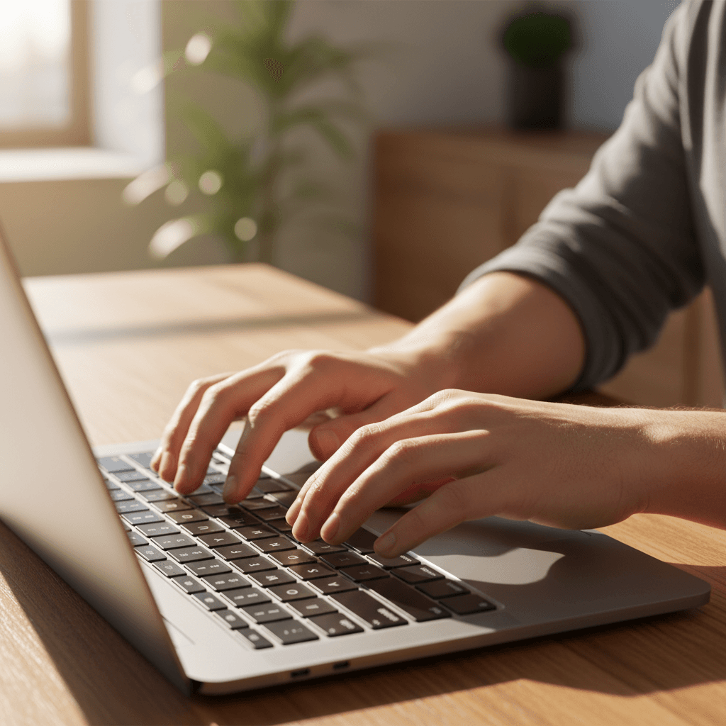 Developer typing on a laptop in a bright office