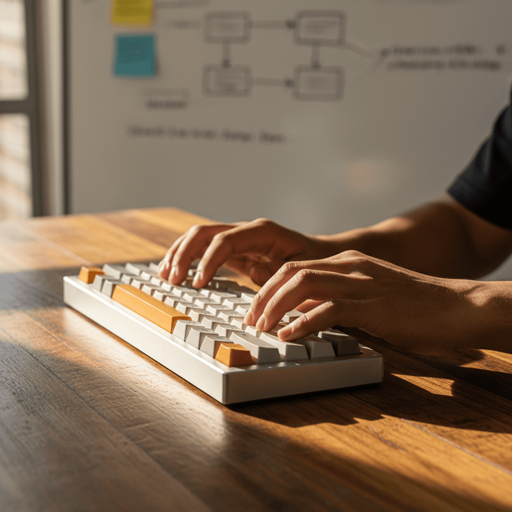 Developer hands on a mechanical keyboard with a whiteboard visible in the background