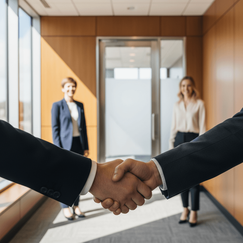 Business partners shaking hands in a hallway