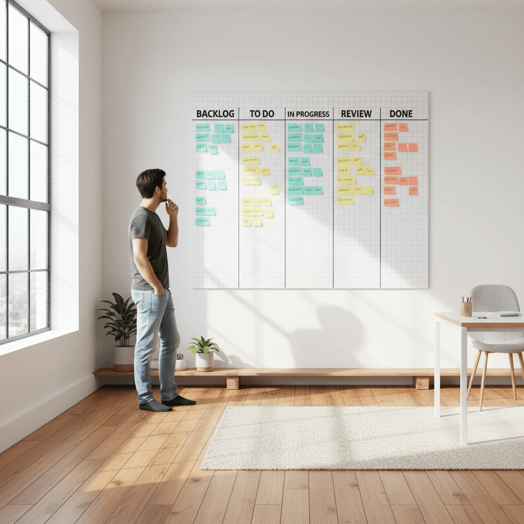 Project kanban board with sticky notes