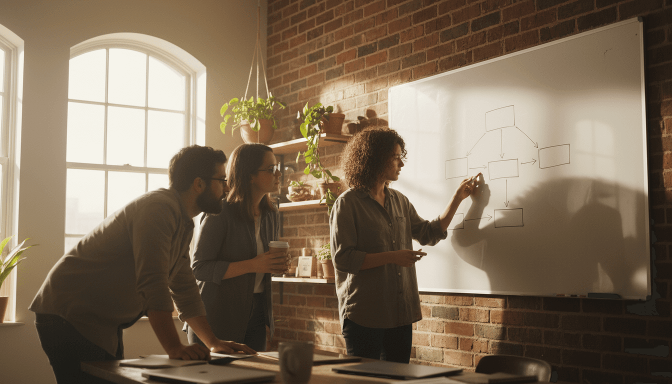 Team collaborating around a whiteboard in a bright sunlit room