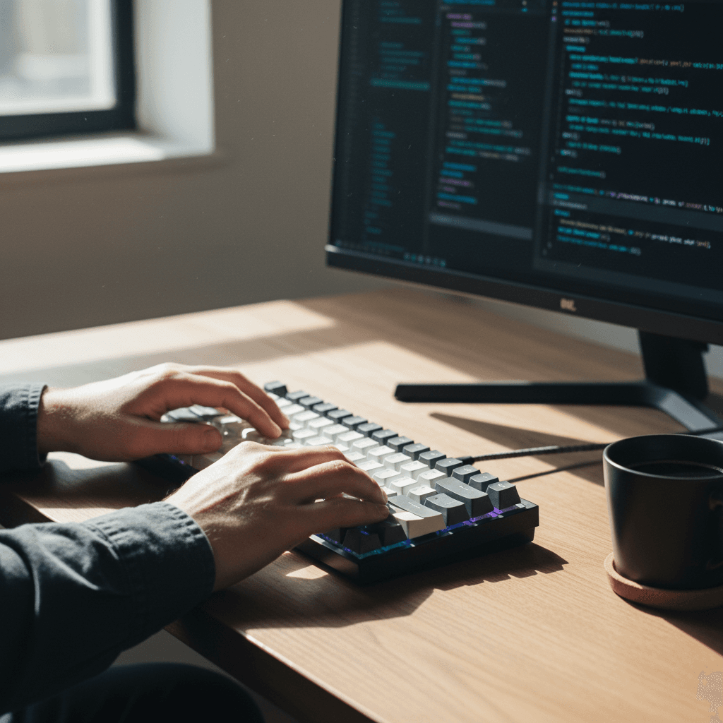 Two developers collaborating on a laptop in a bright office