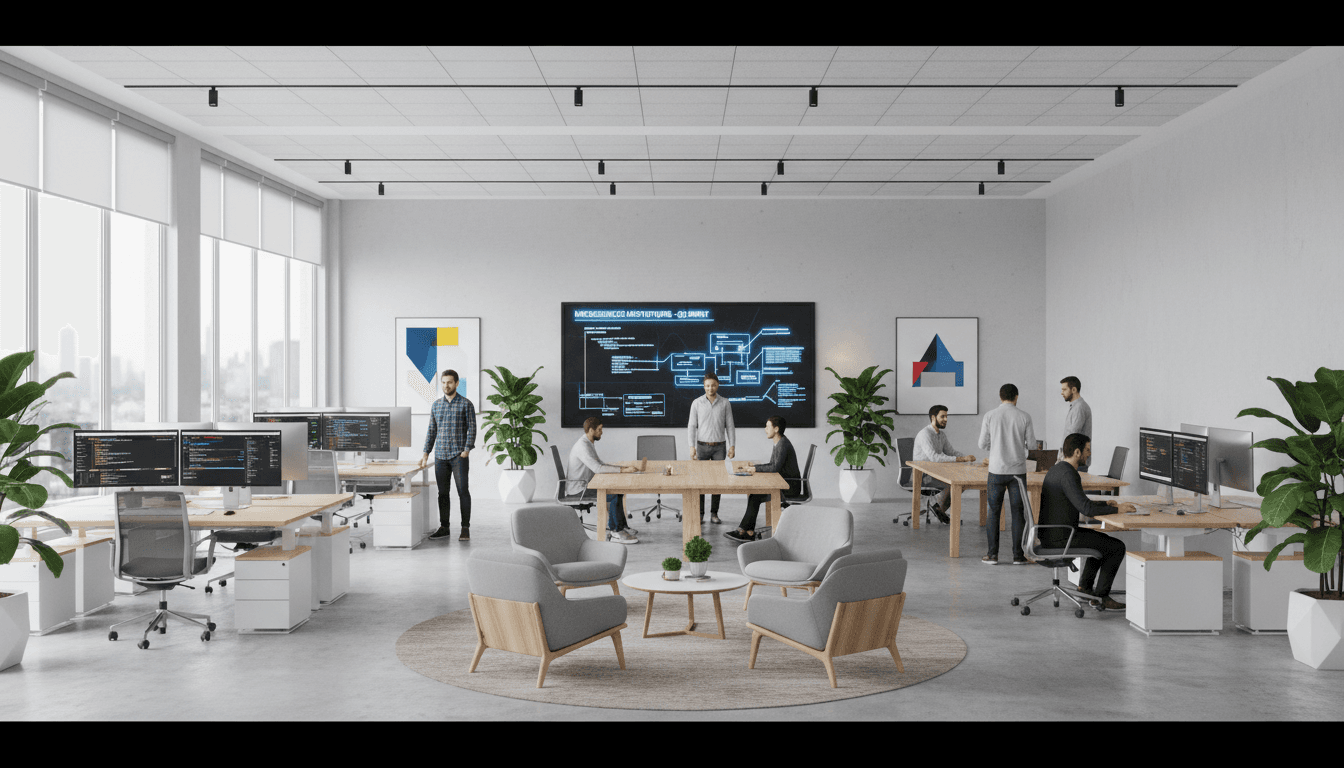 Bright open-plan office in Ashburn with developers collaborating around a standing desk