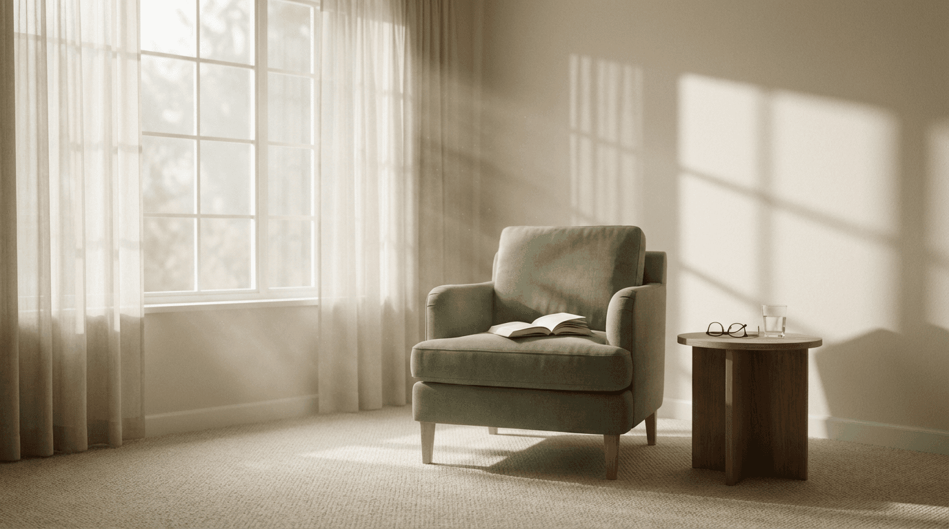Cozy seating area in Ashburn office with warm lamp light and view of outside