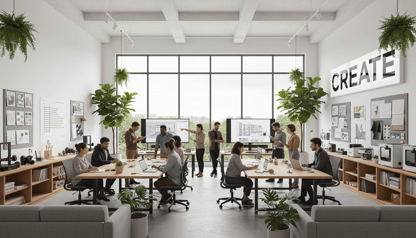 Small team collaborating around a whiteboard in a sunlit office