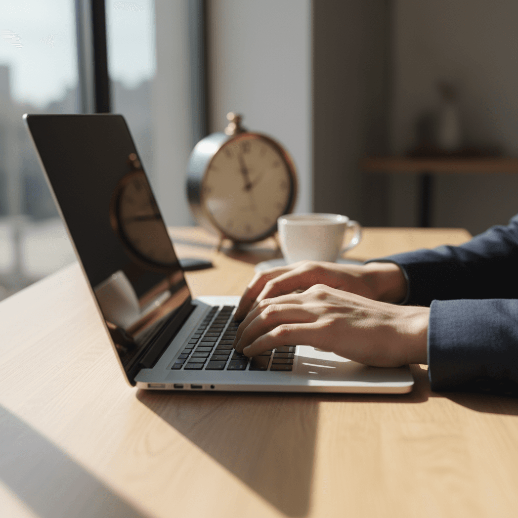 Two developers collaborating on a laptop with notes and coffee on a desk