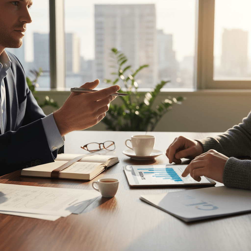 Professional meeting between a developer and a client at a table