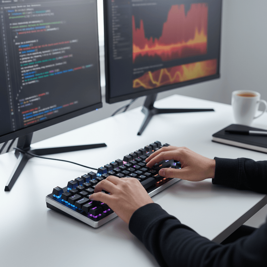 Close-up of hands typing on a keyboard with code on screen